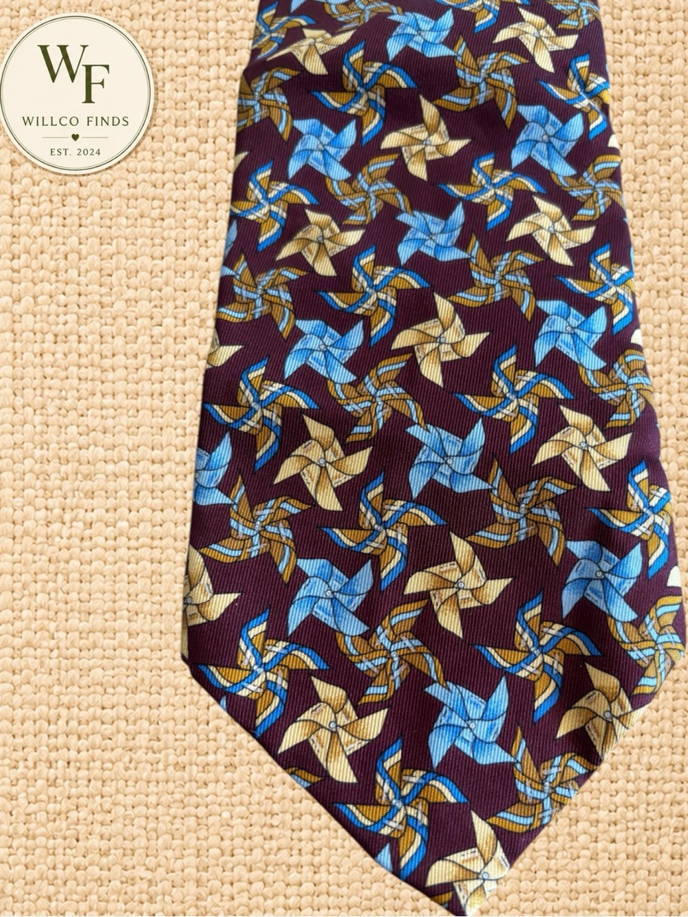 VTG 80s GUCCI Silk Tie Burgundy Blue Pinwheel Geometric Crest Made In Italy